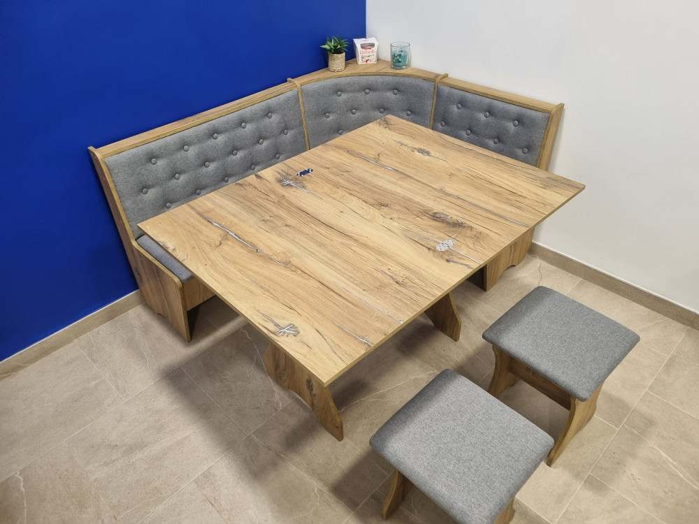 Маленький узкий обеденный кухонный уголок на кухню с раскладным столом и мягкими табуретками Дуб Флагшток Львов - изображение 8