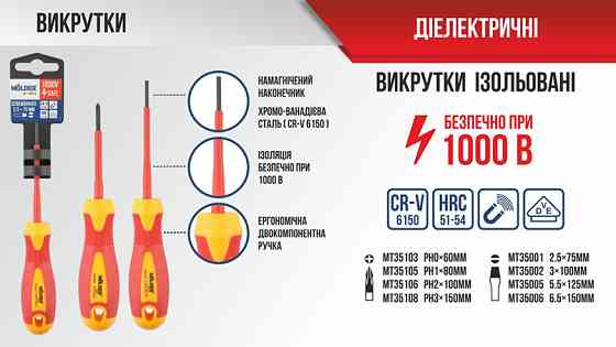 Викрутка Molder хрестова діелектрична VDE 1000В, PH2x100mm Львів