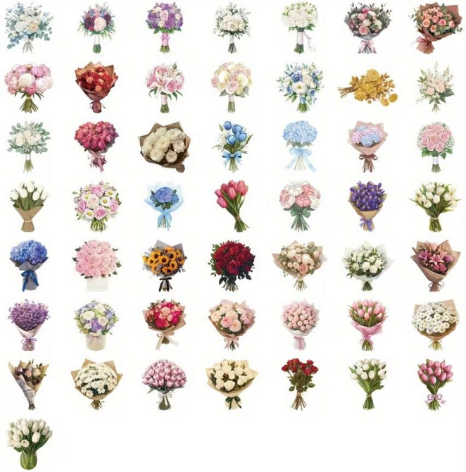 Набор наклеек букеты цветов 50 шт, декоративные виниловые стикеры цветы Киев - изображение 2