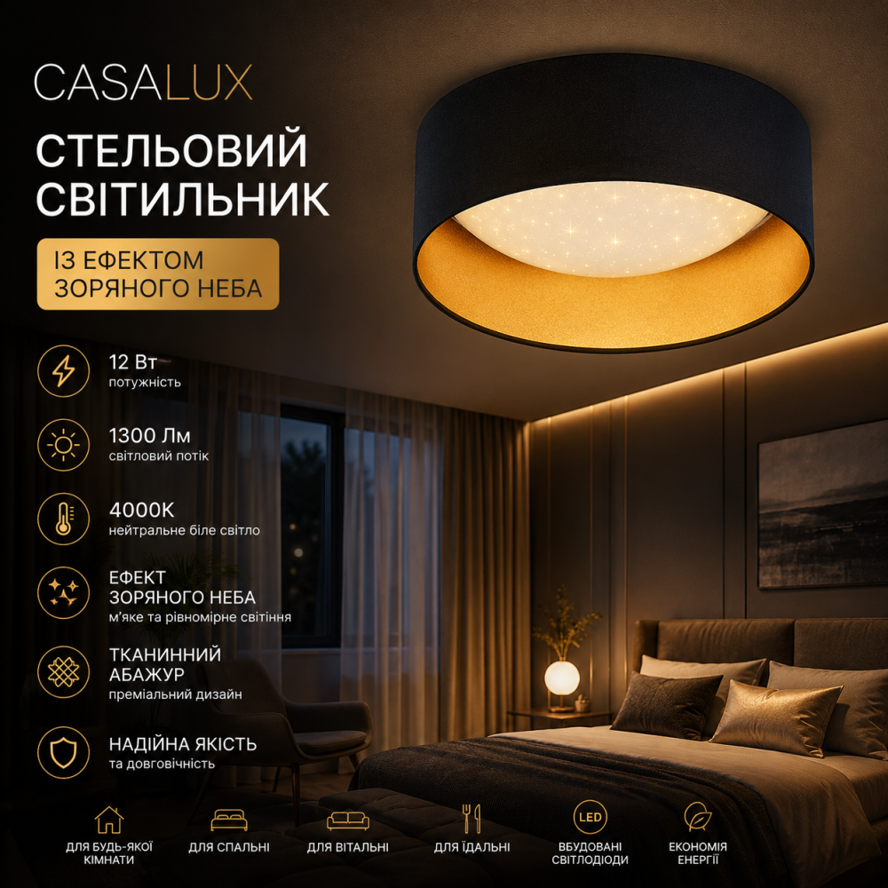 Тканинний світлодіодний стельовий світильник CASALUX 12 Вт 1300 Лм 4000K із ефектом зоряного неба Чорно-золотий Київ - фото 1