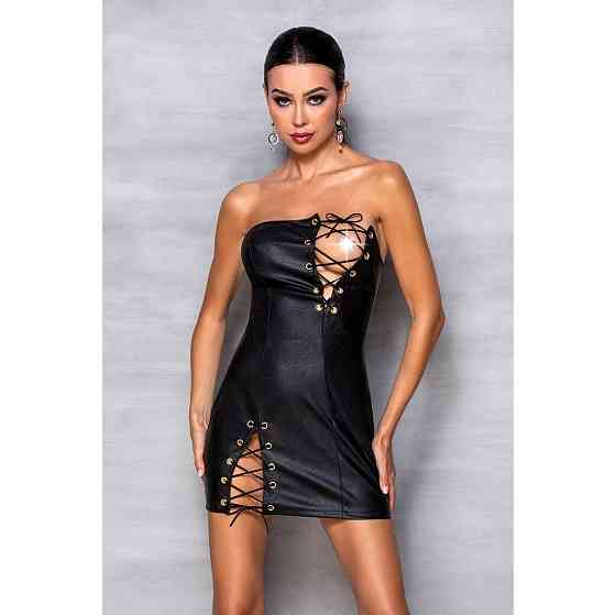 Мінісукня з екошкіри Passion CELINE CHEMISE black L/XL, шнурівка, трусики в комплекті Sex Aura Київ