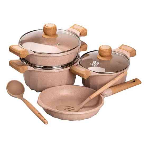 Набор посуды, 3 кастрюли, сковорода, алюминиевая толстодонная MGC с лопаткой и половником, бежевый HP-4-401CR Киев