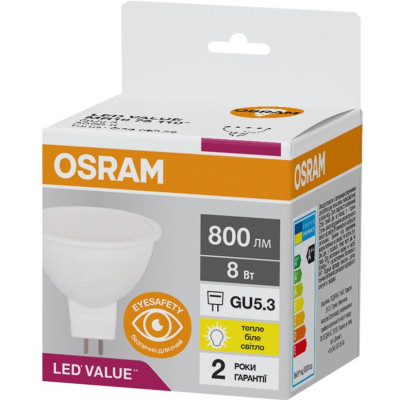 Лампочка Osram LED VALUE, MR16, 8W, 3000K, GU5.3 (4058075689428) Винница - изображение 2