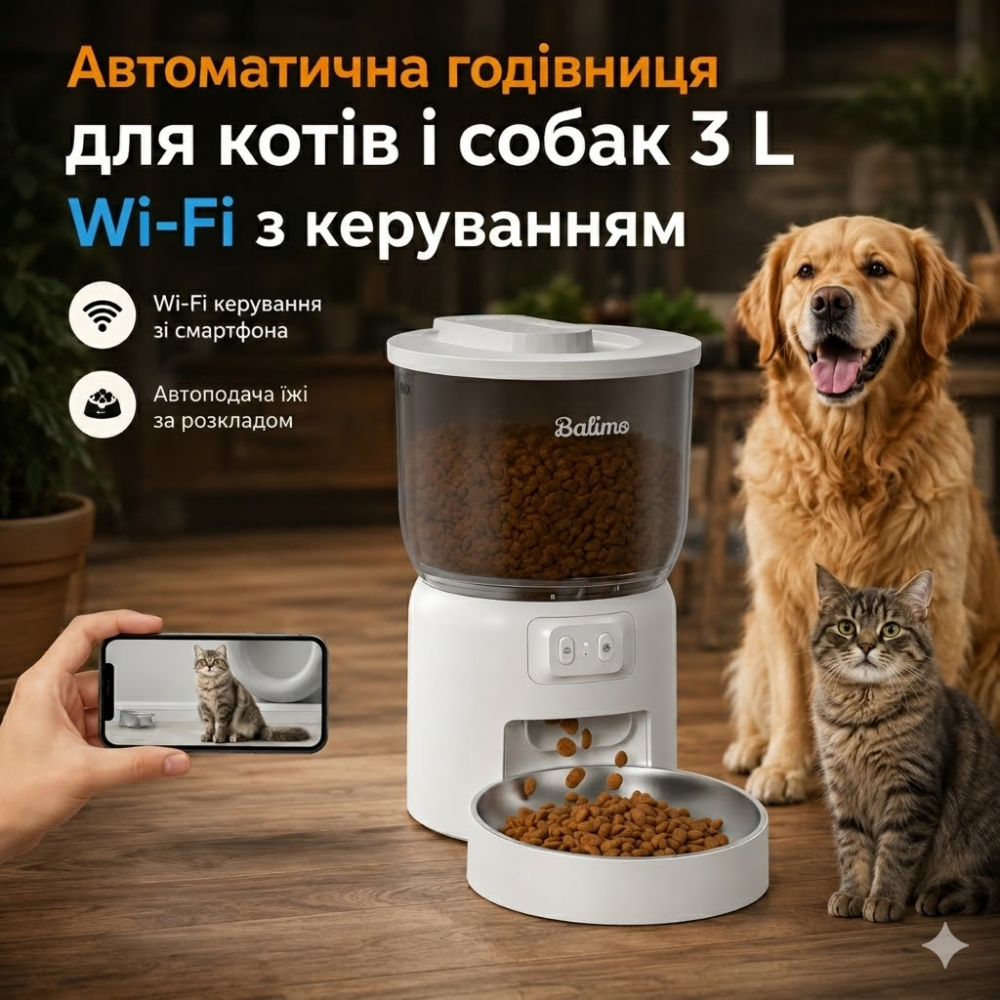 Автоматическая кормушка Balimo 3л с Wi-Fi: Умный дозатор корма для котов и собак, управление со смартфона, миска из нержавеющей Киев - изображение 1