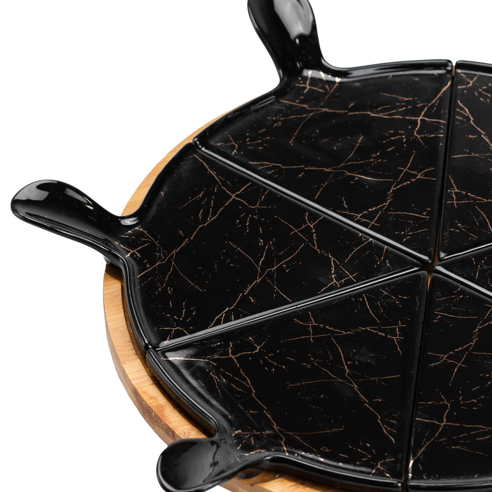 Yiwu Тарілка для піци 28 см порцелянова з бамбуковою підставкою, що обертається, секційна чорна Киев - изображение 7