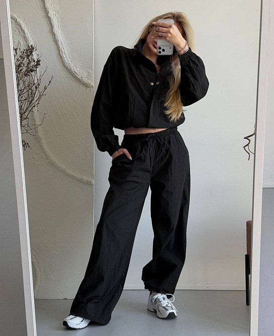 Женский стильный повседневный костюм из плащевки Черный Одесса - изображение 2