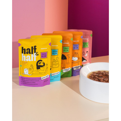 Корм влажный Half&Half для взрослых кошек, кусочки с уткой в соусе в форме пауча, 100 г Киев - изображение 5