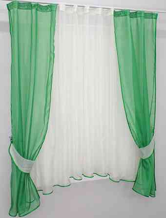 Кухонний комплект VR-Textil № 051к тюль і шторки з підв'язками зелений з молочним 270х170 см (50-778) Київ