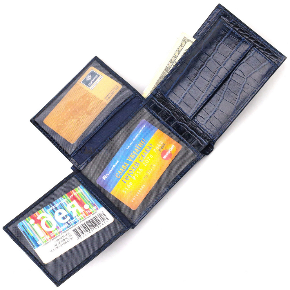 Красивый кошелек для мужчин из натуральной кожи с тиснением под крокодила Синий (CANPELLINI) Киев - изображение 9