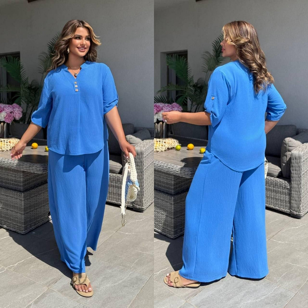 Летний костюм-двойка из американской креп-жатки, свободный крой, синий, размер 56/58 Лубны - изображение 9