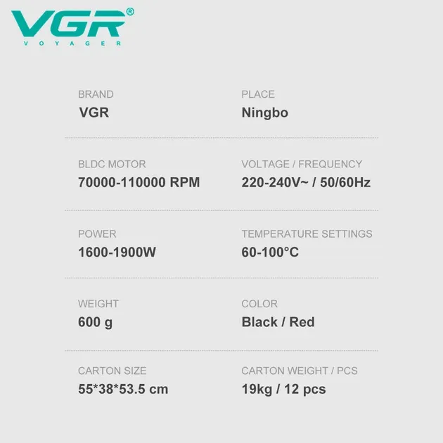 Професійний фен VGR V-401 Black: 1900W, 110k об/хв, 40 режимів обдування / 40 температур, 3 насадки Одеса - фото 4