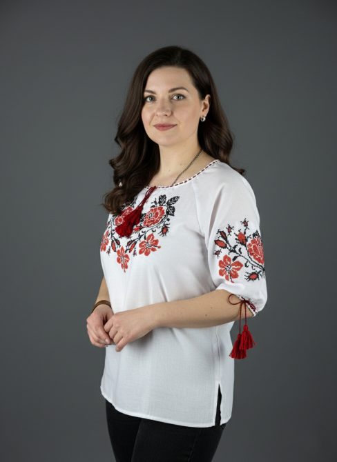 Жіноча білосніжна вишиванка з домотканого полотна з трояндами червоно-чорними Київ - фото 2
