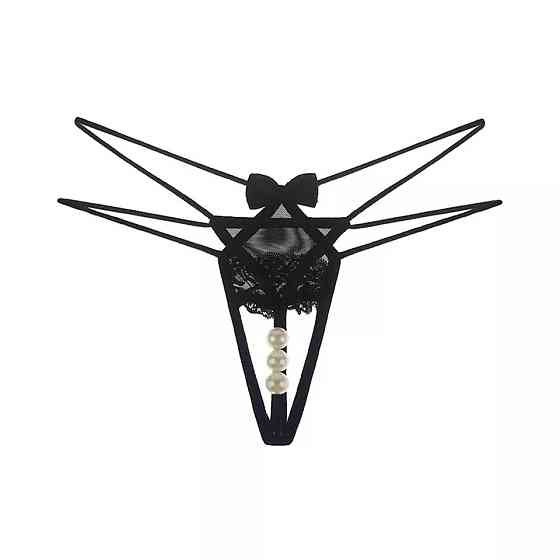 Трусики з вирізом та перлами чорні - розмір універсальний, резинка до 92см Київ