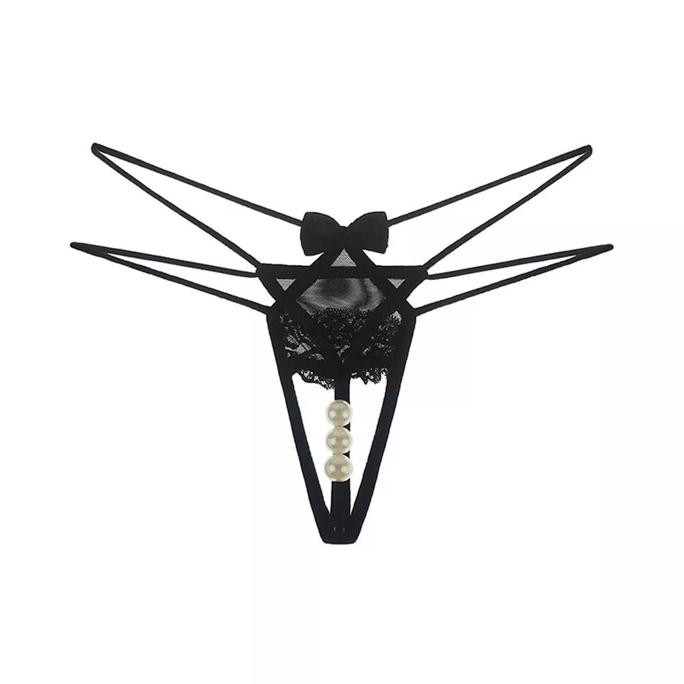 Трусики з вирізом та перлами чорні - розмір універсальний, резинка до 92см Київ - фото 1