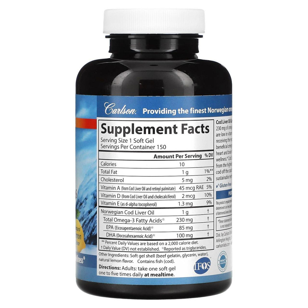Риб'ячий жир з печінки тріски Carlson Cod Liver Oil 230 мг 150 капс лимон Київ - фото 2