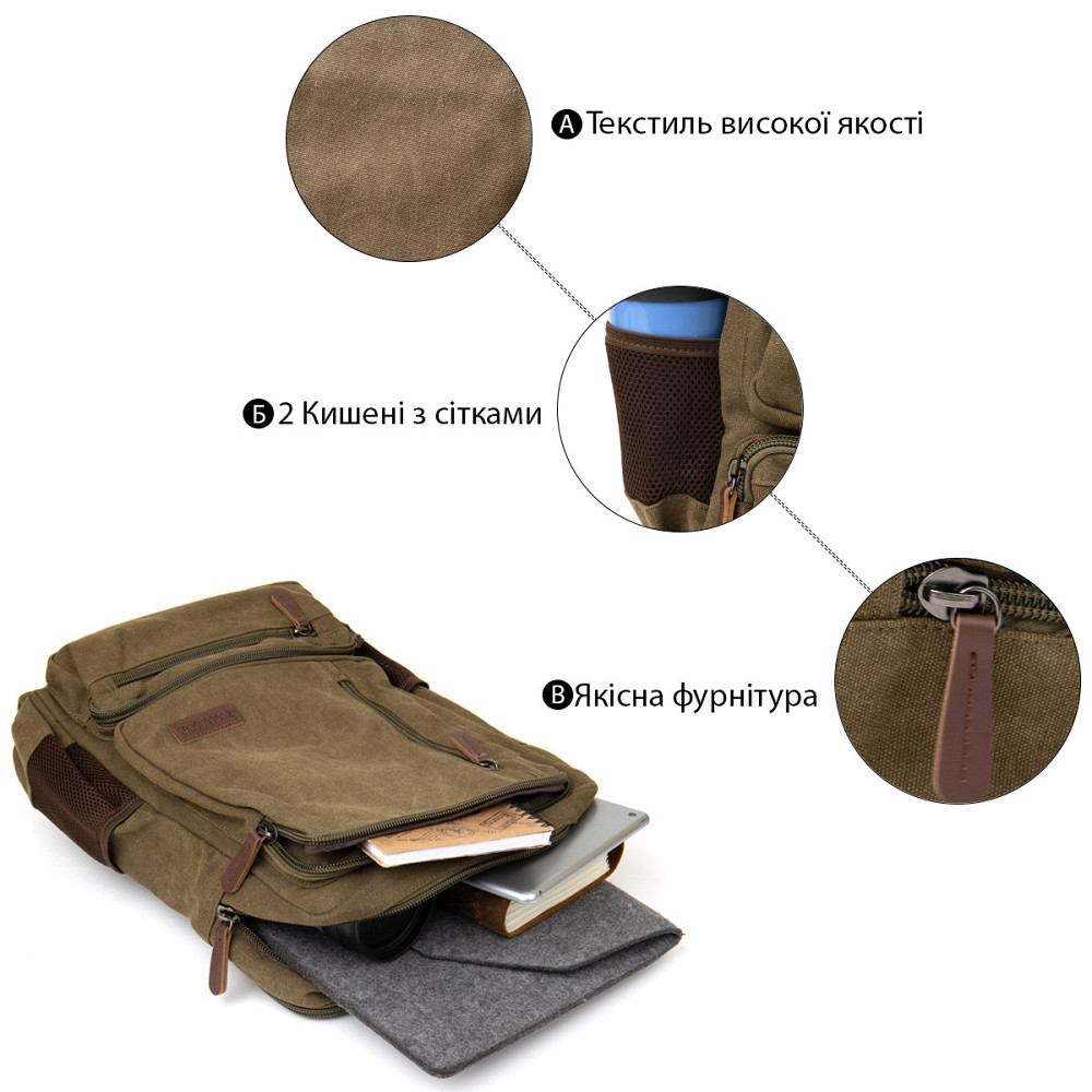 Рюкзак текстильний дорожній унісекс на два відділення Vintage 20612 Зелений Київ - фото 4