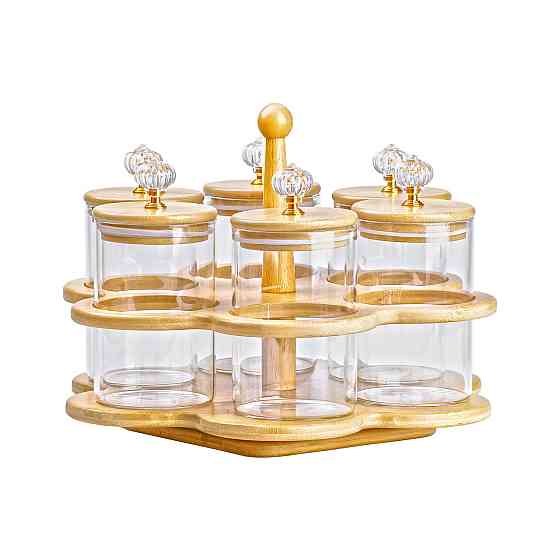 Банки для сыпучих продуктов набор из 6 штук по 580 мл на деревянной подставке HP16292 Киев