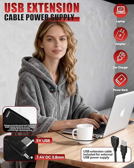 USB-ковдра з підігрівом 150×85 см із застібкою-блискавкою + Power Bank 20000 мА·год | 9 зон нагріву, 3 режими, фланель, ковдра Київ - фото 14
