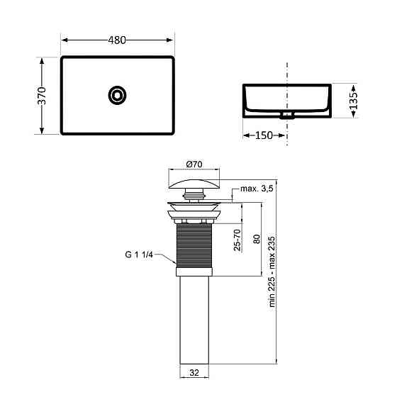 Комплект Qtap Tern: Раковина накладна прямокутна 480х370х135 мм Matt Black + Донний клапан PU03 Київ