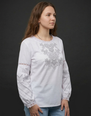 Женская белая натуральная вышиванка с серым орнаментом Дерево жизни Киев