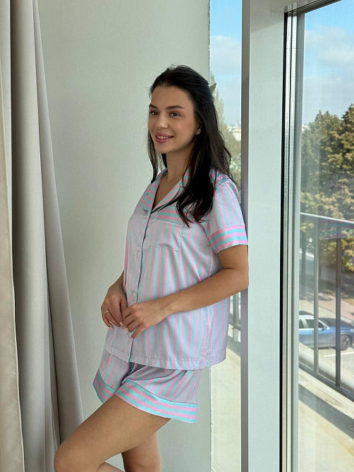 Пижама женская из сатина с шортами и рубашкой Голубо-розовая XS-S Харьков - изображение 1