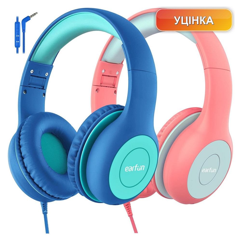 Наушники гарнитура детские EarFun K1 комплект 2 шт регулятор 85/94 дБ 3.5 мм складные микрофон синий и розовый Киев - изображение 1
