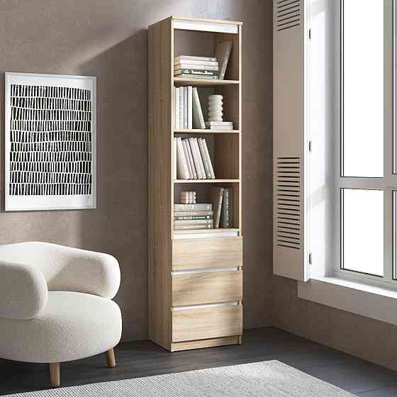 Пенал для книг VAYS R-25 Дуб Сонома-Білі планки, з відкритими полицями та шухлядами, без ручок, ЛДСП, 50×40×211 см - для вітальні, спальні, офісу Львів