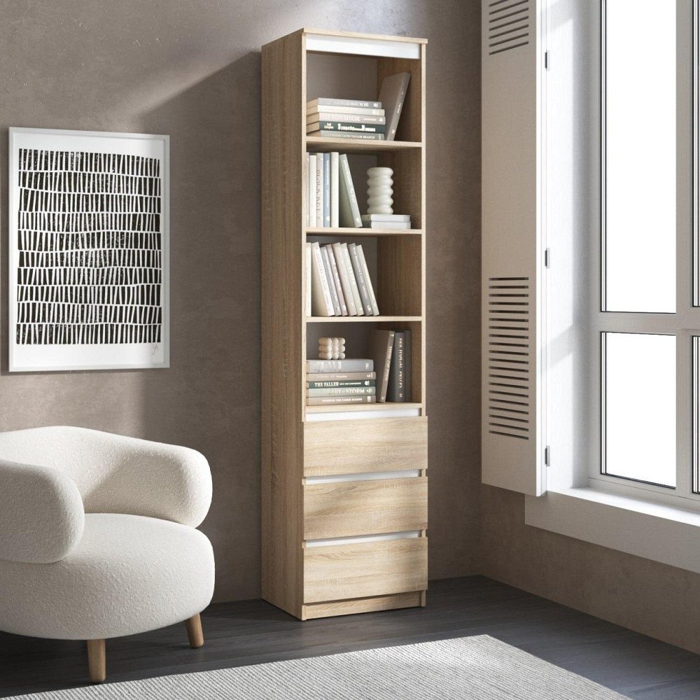 Пенал для книг VAYS R-25 Дуб Сонома-Білі планки, з відкритими полицями та шухлядами, без ручок, ЛДСП, 50×40×211 см - для вітальні, спальні, офісу Львів - фото 1