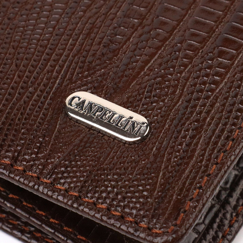 Фактурний чоловічий вертикальний гаманець без застібки з натуральної шкіри з тисненням CANPELLINI 21903 Коричневий Київ - фото 5