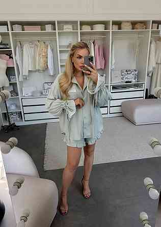 Жіночий літній костюм-двійка: сорочка та шорти з рюшами льон Бірюза Одеса