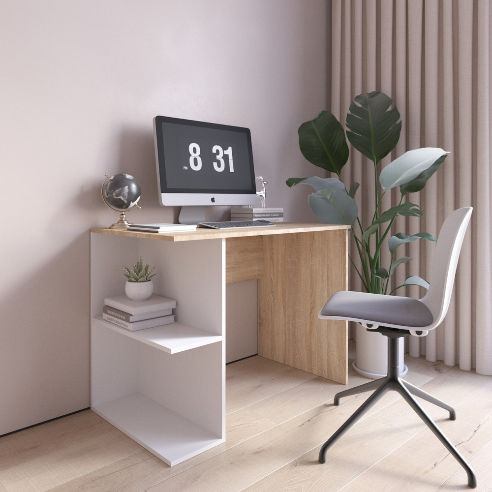 Компьютерный стол VAYS D-7 Дуб Сонома-Белый, письменный, с полками налево, ЛДСП, 100×60×76 см - для дома, офиса, учеба Львов - изображение 1