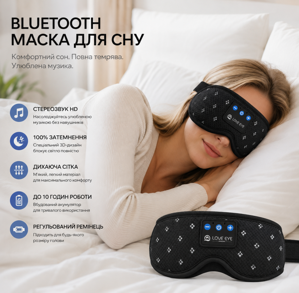 Bluetooth-маска для сну LOVE EYE 3D з навушниками — 100% затемнення, Hi-Fi звук, Bluetooth 5.4, для сну на боці, Чорна Київ - фото 1