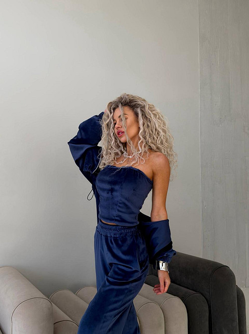 Жіночий велюровий костюм-трійка: кофта корсет і штани Синій, 48/52 Одеса - фото 9