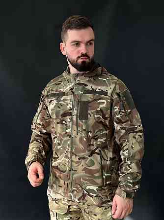 Тактическая ветровка мультикам мужская softshell, весенняя, с велкро, капюшоном и 5 карманами Львов