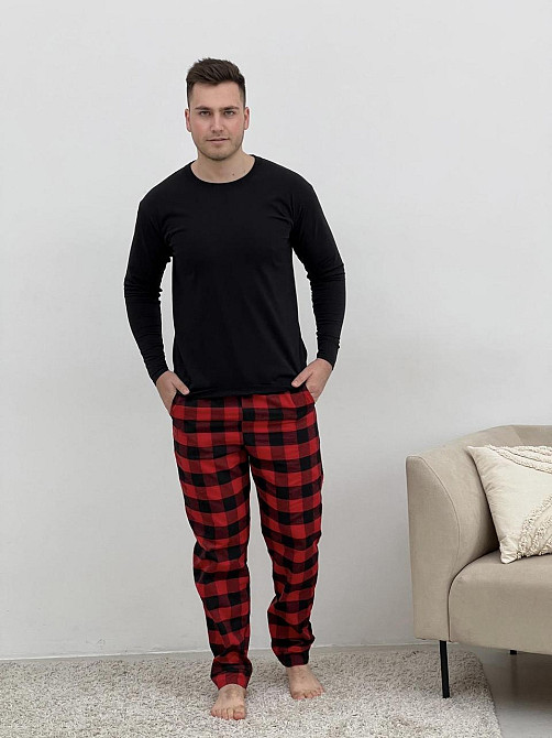 Домашня піжама для чоловіків COSY з фланелі (штани+лонгслів чорний) червоно/чорні L 2XL Київ - фото 1