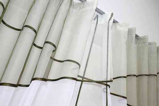 Кухонные шторы VR-Textil № 091к с ламбрекеном и подвязками оливковый с белым 280х170 см (59-710) Киев