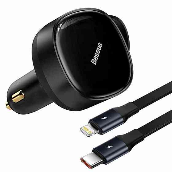 Автомобильное зарядное устройство Baseus Enjoyment Retractable 2-in-1 Car Charger C+L 30W Black Ковель