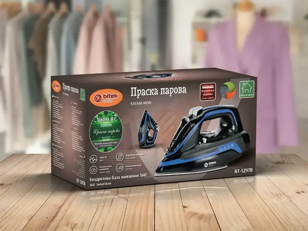 Праска парова бездротова з керамічною підошвою 3000Вт BITEK BT-1297B з базою 360 Одеса - фото 7