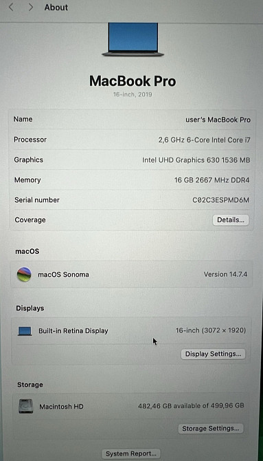 Ноутбук MacBook Pro 16" (2019) A2141 / i7 6-Core / RAM16GB/ SSD512Gb. 4Gb. Київ - фото 7