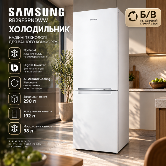 Б/В Холодильник Samsung RB29FSRNDWW 290 л No Frost, Digital Inverter, All Around Cooling, морозильна камера 98 л Київ