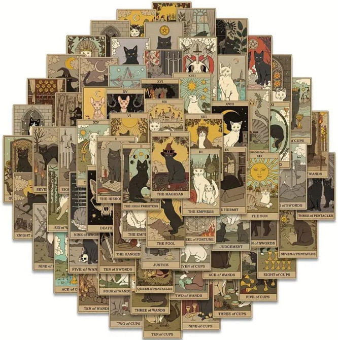 Наліпки карти Таро - Котики , водонепроникні наліпки для пляшки з водою набір 72 шт. Київ - фото 1