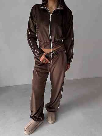 Женский повседневный велюровый костюм двойка: кофта и брюки Шоколадный, 48/52 Одесса