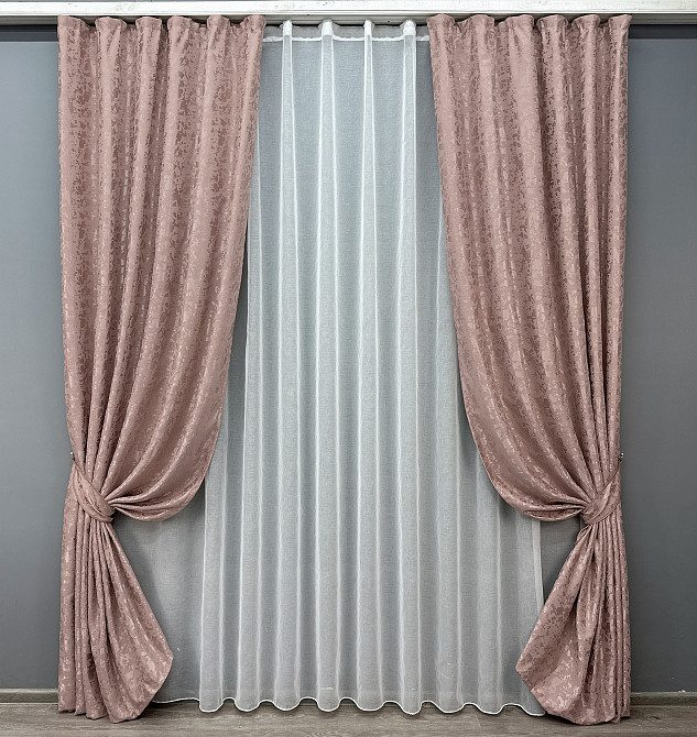 Комплект штор VR-Textil Лен Мрамор 100х270 2шт и Тюль 400х270 1716ш-1276т Пудровый с белым 71-012/2 Киев - изображение 1