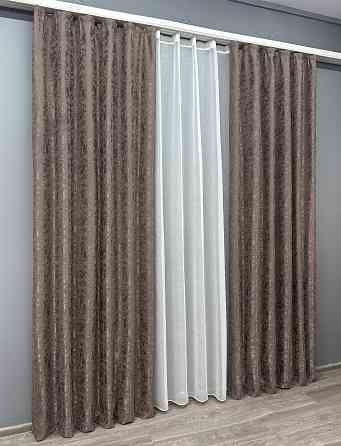 Комплект штор VR-Textil Лен Мрамор 150х270 2шт и Тюль 600х270 1718ш-1276т Какао с белым 71-014/5 Киев