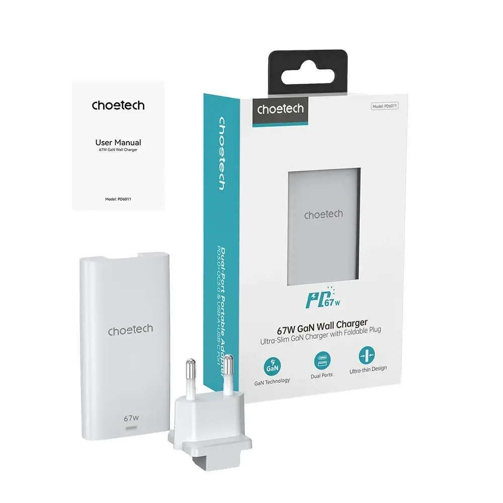 Мережевий зарядний пристрій Choetech PD6011 Ultra thin PD67W GAN A+C White (43-00155) Киев - изображение 4