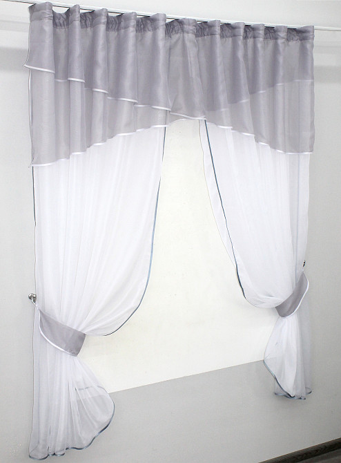 Кухонные шторы VR-Textil № 091к с ламбрекеном и подвязками серый с белым 280х170 см (52-0321) Киев - изображение 2