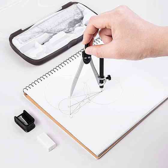 Набор для математики 10 предметов: металлический циркуль, линейка, транспортир, угольник, точилка, резинка в Киев