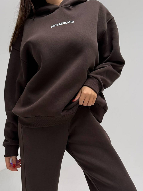 Жіночий стильний спортивний костюм-двійка: худі + штани, тринитка Пен'є на флісі турція Шоколад, 50/52 Одеса - фото 4