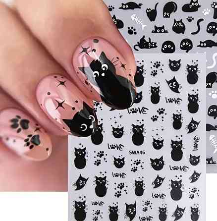 3D наклейки для ногтей «Котики» – чёрные, лист 10×8 см, 2 листа Киев