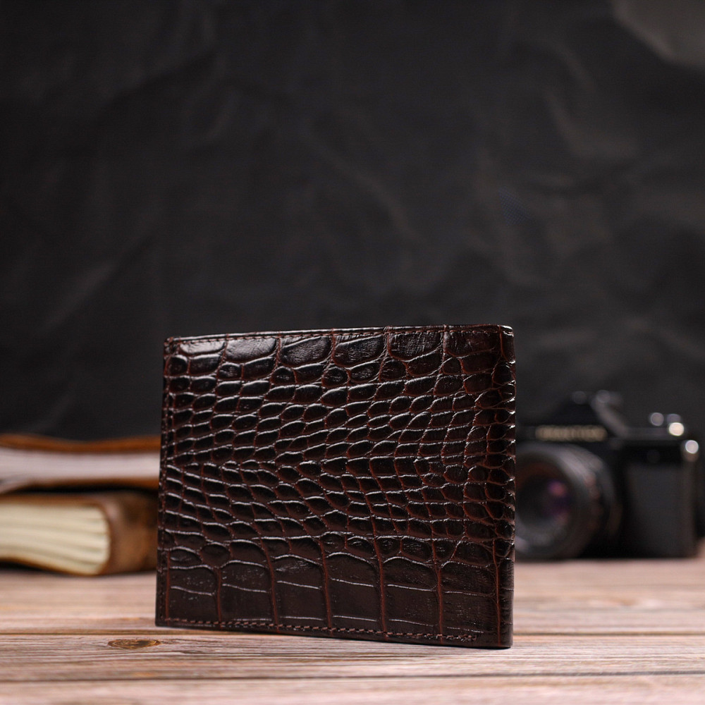 Стильне чоловіче портмоне з натуральної фактурної шкіри з тисненням під крокодила CANPELLINI 21777 Коричневе Київ - фото 2